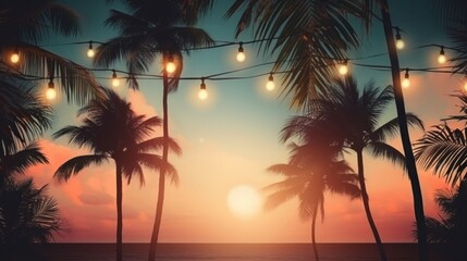 Fototapeta na wymiar summer night party beach palms with light bulb garlands. large copyspace area, offcenter composition