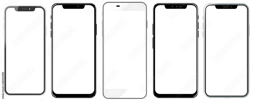 Wall mural set of smartphone mock-ups with blank white screen isolated on transparent background - design eleme