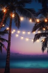 summer night party beach palms with light bulb garlands. large copyspace area, offcenter composition