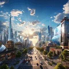 Obraz premium bustling urban center, featuring towering skyscrapers and bustling streets