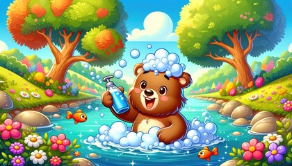 Cartoon Bear Bathing in River