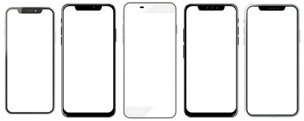 set of smartphone mock-ups with blank white screen isolated on transparent background - design element PNG cutout collection - obrazy, fototapety, plakaty
