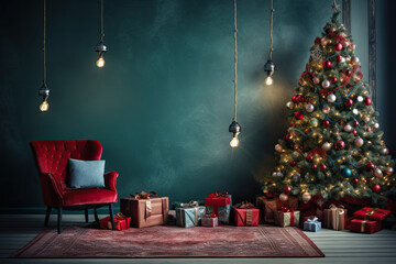 Christmas room with christmas tree and decorations, light bulbs hanging