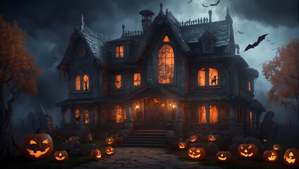 Halloween haunted house at night in the light of pumpkins and candles with bats