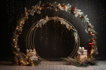 Beautiful christmas photography set up, with a garnald, holliday lights, ornaments for portrait photography on interior