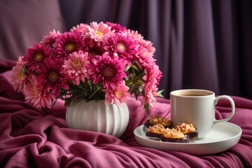Obraz na płótnie Canvas Cup of coffee and chrysanthemum at morning. Flowers bouquet in bed.