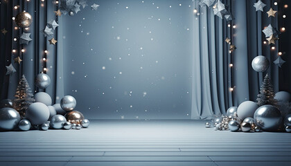 Modern white christmas set, interior with holliday lights, ornaments and christmas trees for portrait photography