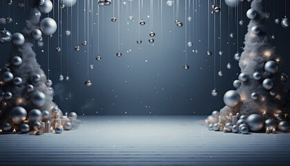 Christmas background for photography with snowflakes, ornaments and christmas trees