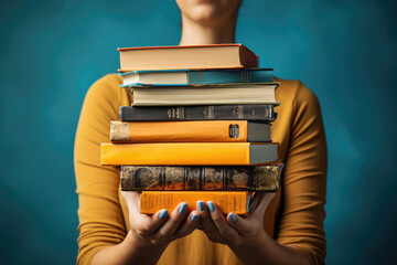 Woman holds pile of books against blue background. Education, knowledge and reading book concept