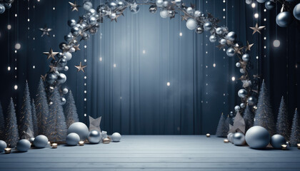 Modern white christmas background interior with holliday lights, ornaments and christmas trees for portrait photography