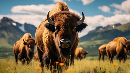Bison Herd Grazing in Mountain Meadow - obrazy, fototapety, plakaty