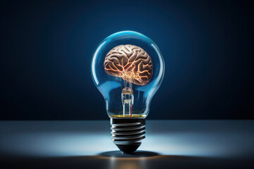 Human brain inside electric light bulb. Idea and inspiration concept