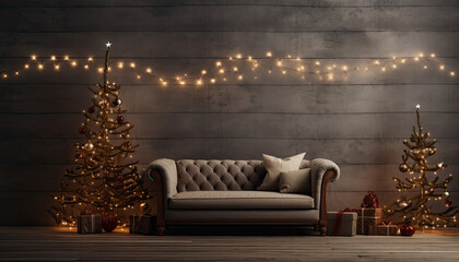 Modern christmas tree, holiday interior background with sofa
