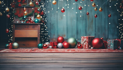 Christmas background, closeup with gifts, ornaments and holiday lights