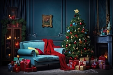 Decorated christmas tree. Holiday interior background with sofa