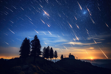 Night sky with shooting stars over the natural landscape. Meteor shower over silhouettes of trees.
