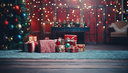 Christmas backdrop for photography with beautiful lights, tree and presents