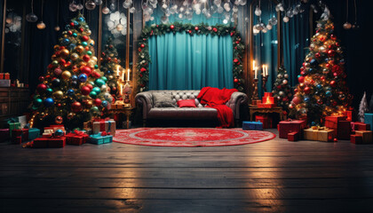 Christmas scene set up on a living room for photography portraits with christmas trees