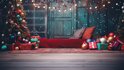 Christmas backdrop with lights, presents and tree on interior