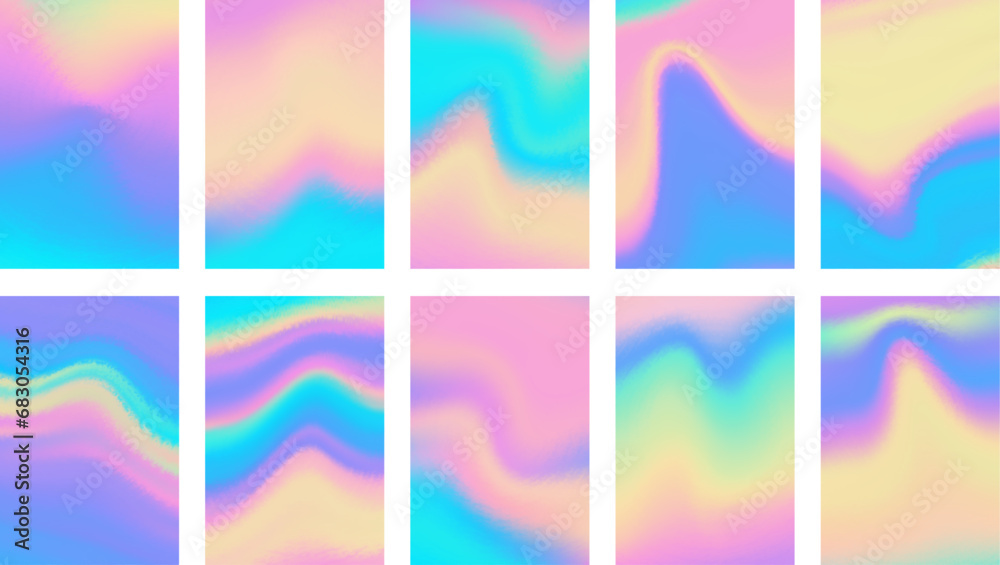 Wall mural set of colorful hologram banner. abstract holographic wavy gradient mesh color backgrounds.