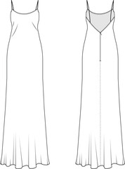 sleeveless shoulder spaghetti straps  long maxi midi backless basic classic dress technical drawing flat sketch template cad mockup fashion woman - obrazy, fototapety, plakaty