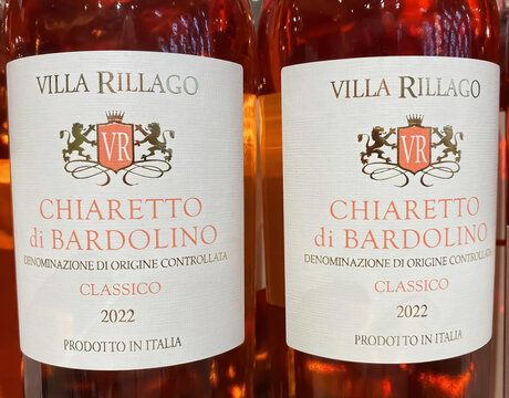 Viersen, Germany - November 23. 2023: Closeup of bottles italian rose wine Villa Rillago Chiaretto di Bardolino