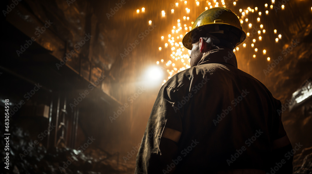 Wall mural a miner in a hard hat works in a gold mine. ai generative