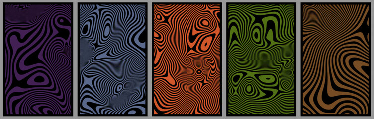 Set of vintage abstract posters with textured liquid pattern design and optical interference effect of the illusion of movement