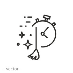 fast clean icon, broom with stopwatch, quick cleaning service, thin line symbol - vector illustration