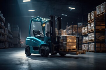 Forklift in a warehouse at night, with stacks of pallets and shelves in the background