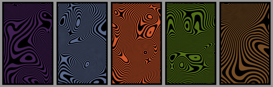 Set of vintage abstract posters with textured liquid pattern design and optical interference effect of the illusion of movement