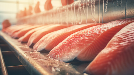 A production line of fresh salmon fillets at a fish processing factory. ai generative