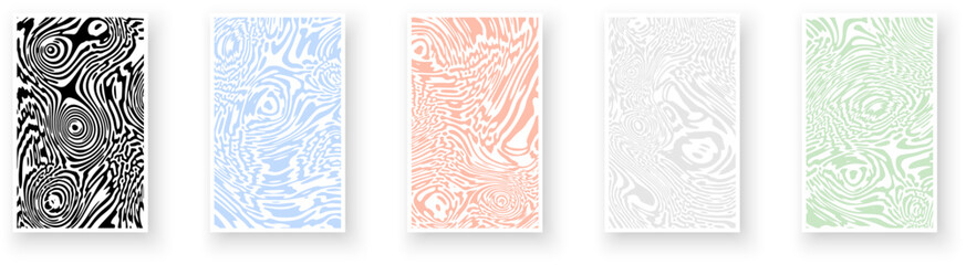 Set of paper cards with textured liquid pattern design and rippled effect of the illusion of movement. Trendy banner, flier, invitation, booklet.