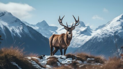Majestic Red Deer Stag Overlooking Snowy Mountains