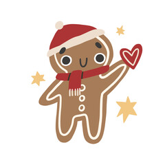 Cute Christmas gingerbread man with a cap and a Santa Claus scarf. Gingerbread man holding a heart. Vector Christmas illustration, Happy New Year.