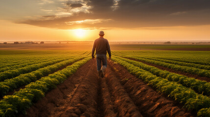 Farmer in the golden hour light, vast fields in the background, face lined with the wisdom of the land - obrazy, fototapety, plakaty