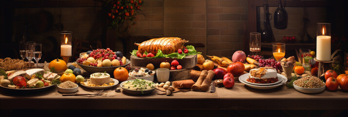 Fototapeta na wymiar Thanksgiving and Christmas feast, rustic table spread. background. ai generative