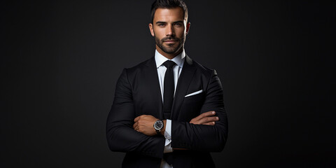 Obraz premium Sophisticated financial advisor portrait, minimalist black suit, crisp white space with sleek lines