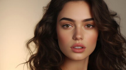 Naklejka premium Elegant beauty portrait of a young woman with natural makeup, showcasing flawless skin and curly hair