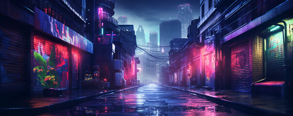 Neon lit street.night alley of a futuristic city.cyberpunk. ai generative - obrazy, fototapety, plakaty