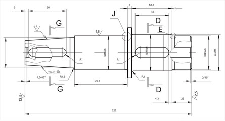 Vector engineering cad drawing of a mechanical part (steel shaft)
with through holes, dimensions.
Computer aided design of machine parts. Technical cad background.