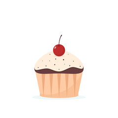 Chocolate muffin with cherry. Cupcake isolated on white background