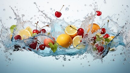 Fruits fall into the water. Creating fruity splashes. Commercial photography setting with a white background