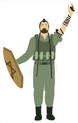 A drawing of an Israeli Jewish soldier in the IDF.
The isolated figure holds a shield with a Star of David engraving on it. And tefillin on his head and hand.
He prays for the success of the 2023 war.