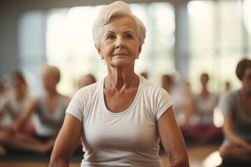 Fototapeta na wymiar Elderly Woman Practicing Yoga in Well-lit Gym - Daytime Wellness