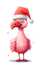 pink flamingo wearing santa claus hat, vertical illustration. concept of happy new year, space and christmas