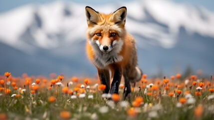 Naklejka na ściany i meble Red Fox standing in Alpine Wildflower Meadow
