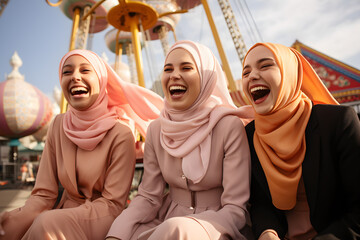 A group of young Muslim women wearing headscarves having fun together at the fair, - obrazy, fototapety, plakaty