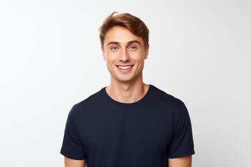 Handsome Fictional Male Model with Blue Eyes Smiling Candidly. Casual Clothes. Isolated on a Plain White Background. Generative AI.