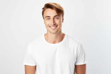 Obraz premium Handsome Fictional Male Model with Blue Eyes Smiling Candidly. Casual Clothes. Isolated on a Plain White Background. Generative AI.